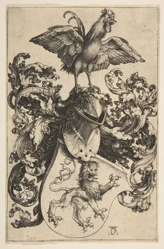 Coat of Arms with a Lion and a Cock by Albrecht Dürer, print, 1502-1503