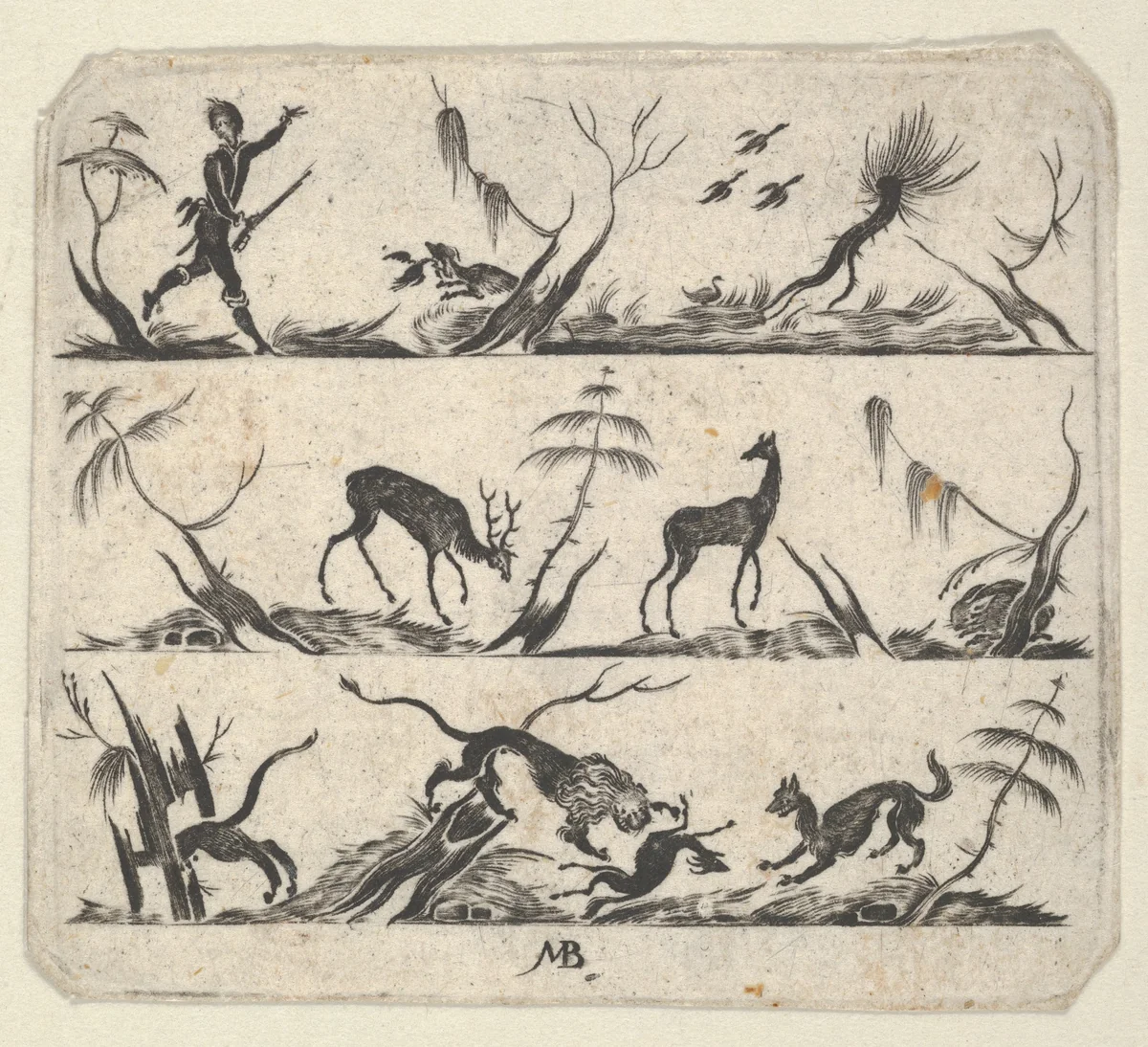 Blackwork Design for Goldsmithwork with a Hunter and Animals by Mathais Beitler, print, 1612