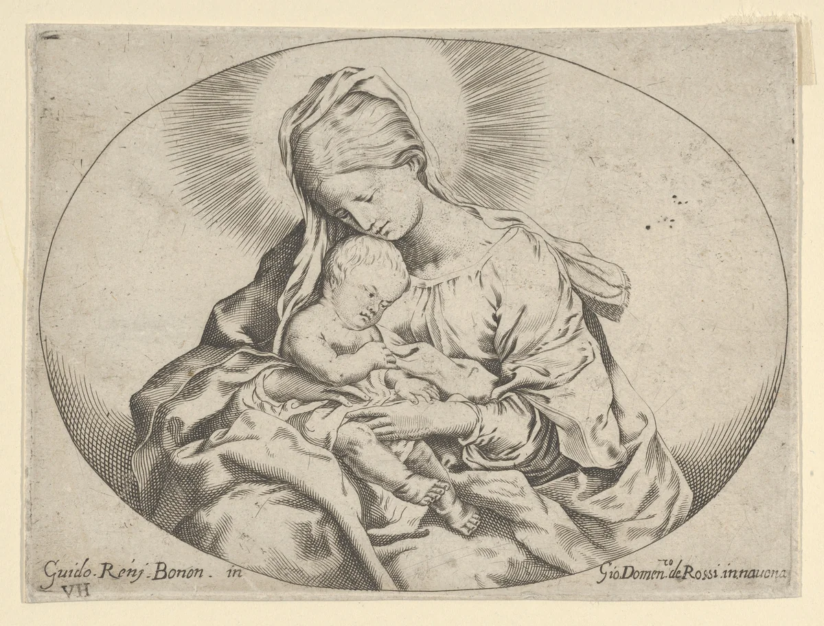 The Virgin holding the infant Christ, an oval composition, after Reni by anonymous, print, 1595-1645
