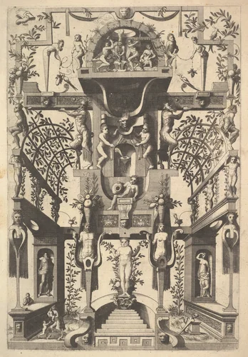 Fantastic Architecture Structure with Strapwork and Two Pergolas and a Small Scene with Vulcan's Forge at the Top by Cornelis Floris, print, 1557