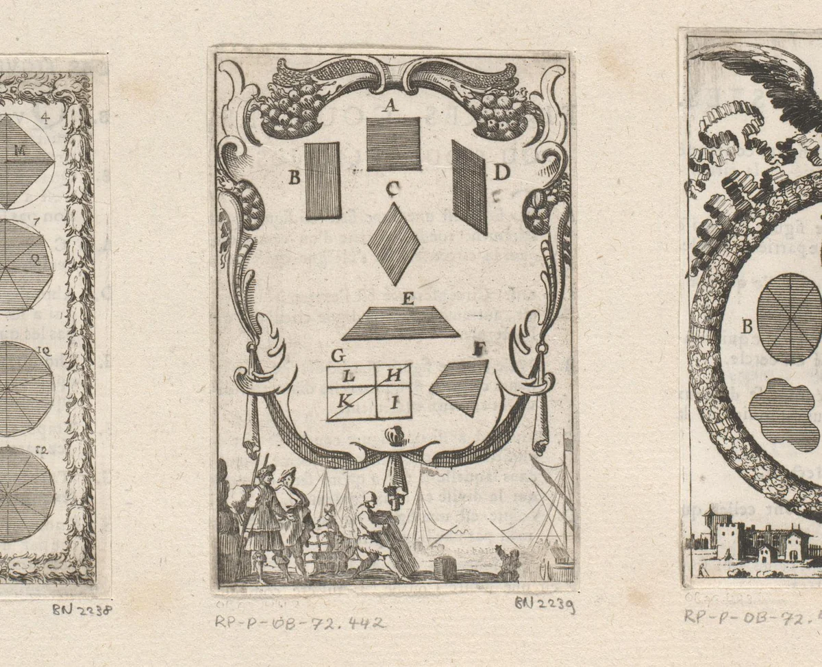 Figuren met vier zijden boven zeelieden bij hun schepen by Sébastien Leclerc, print, 1669