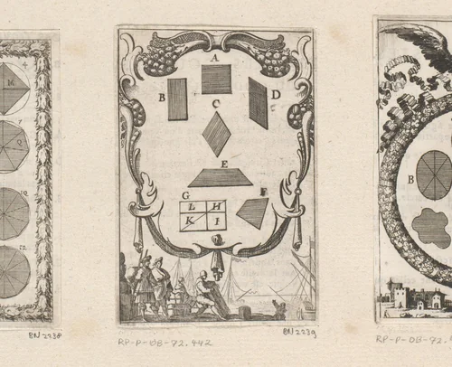 Figuren met vier zijden boven zeelieden bij hun schepen by Sébastien Leclerc, print, 1669