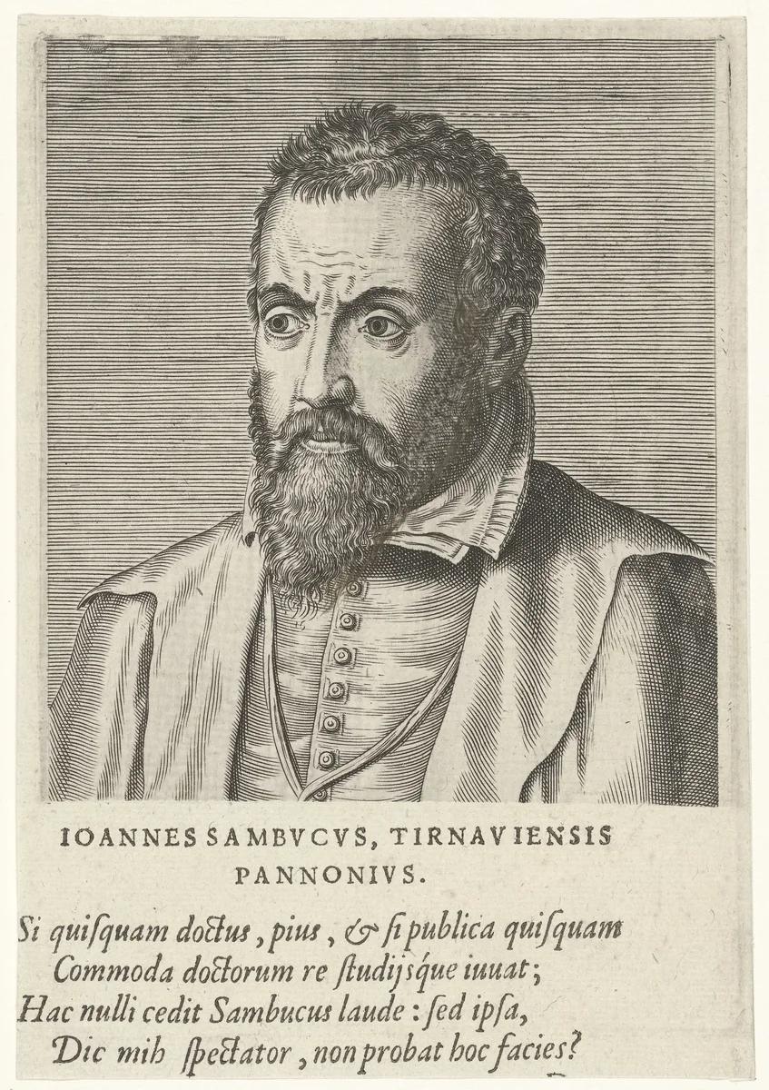 Portret van Johannes Sambucus by Philips Galle, print, 1572