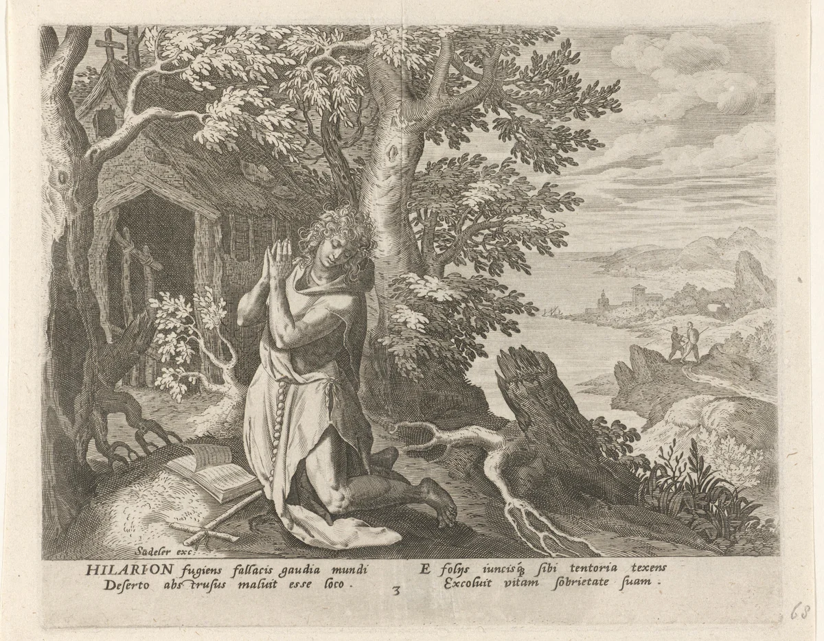 Hilarion de Grote als kluizenaar by Johann Sadeler, print, 1583-1588
