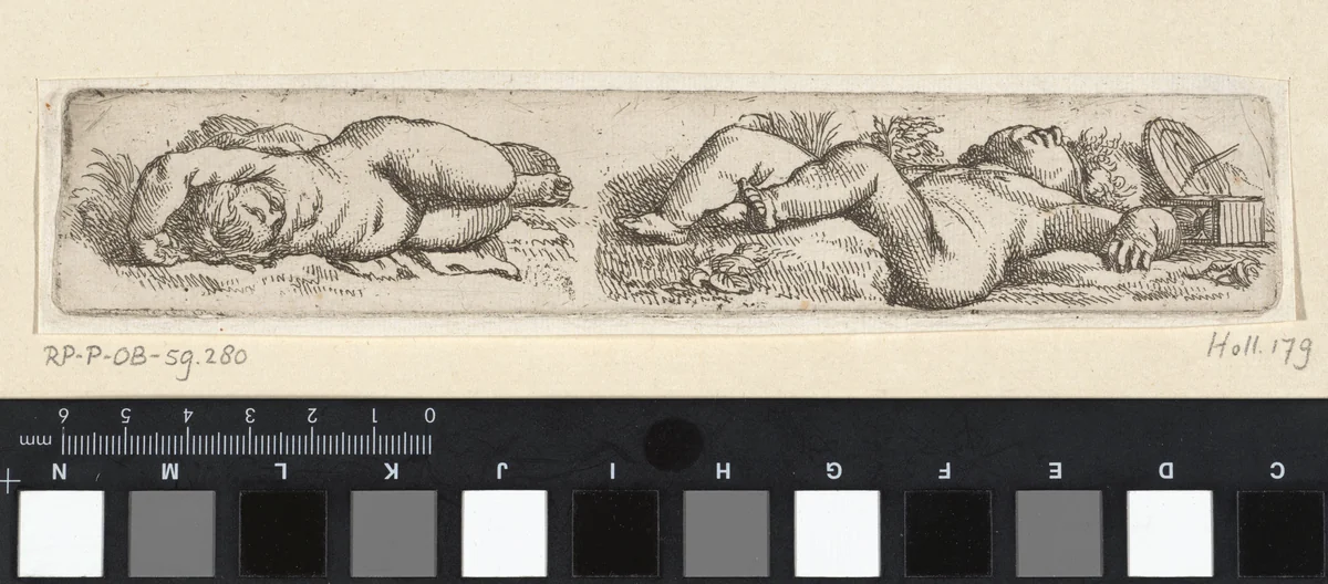 Twee slapende kinderen met zandloper en tol by Cornelis Schut, print, 1618-1655