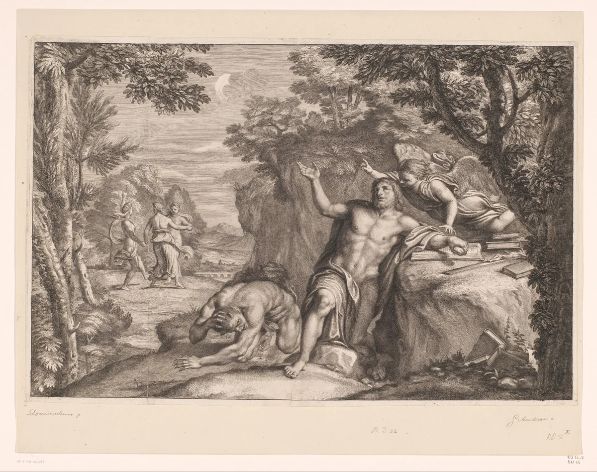 Verzoeking van Hieronymus in de woestijn by Gérard Audran, print, 1650-1703