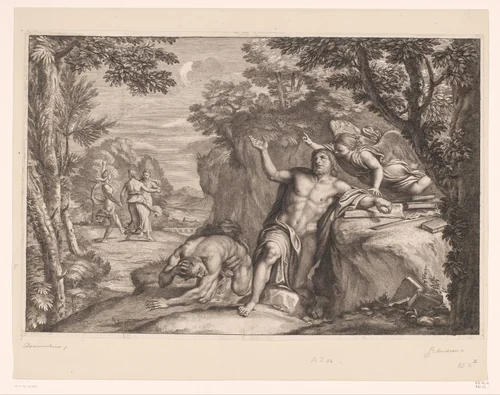 Verzoeking van Hieronymus in de woestijn by Gérard Audran, print, 1650-1703