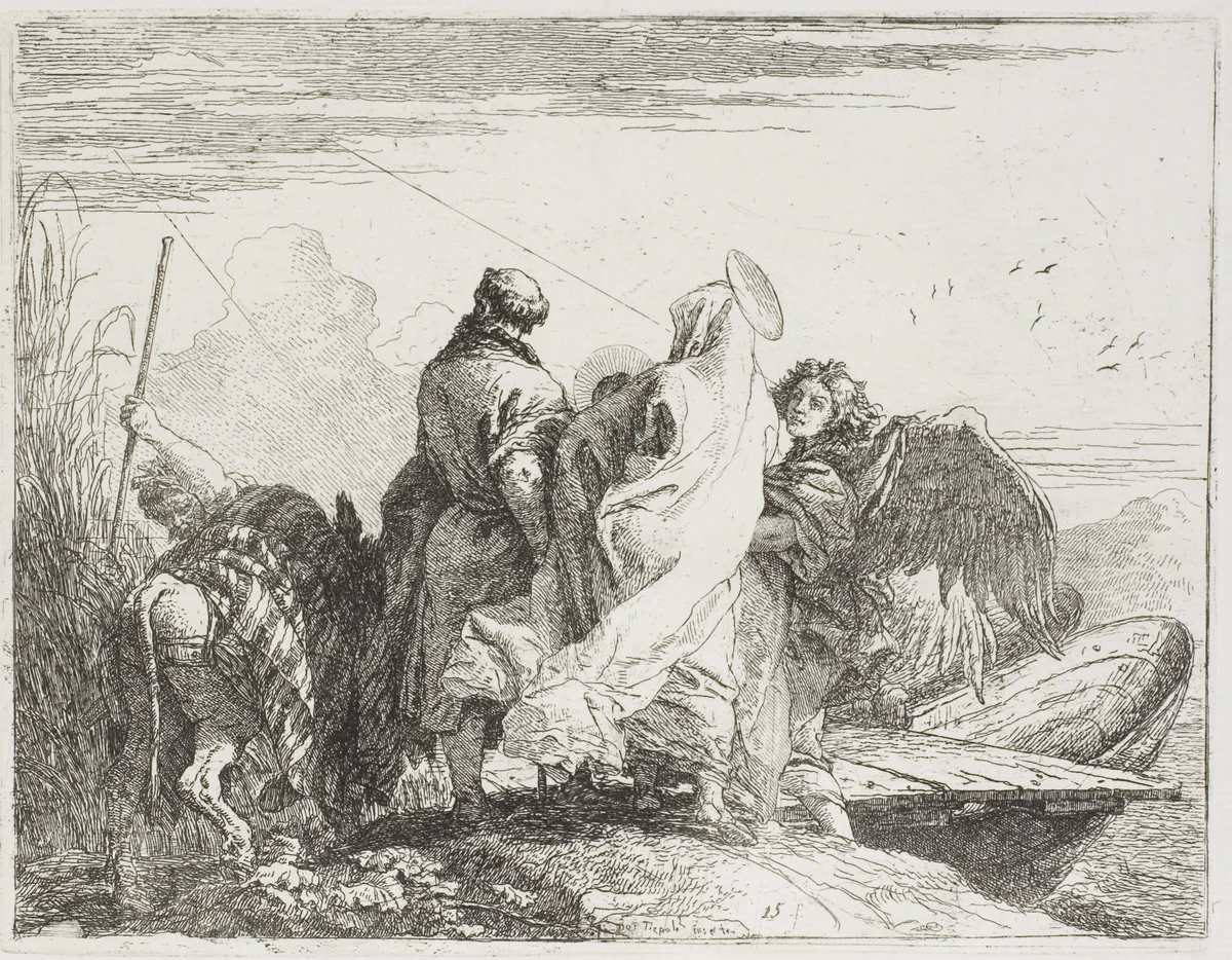 The Holy Family Stepping Off the Bank, plate fifteen from The Flight into Egypt by Giovanni Domenico Tiepolo, print, 1753