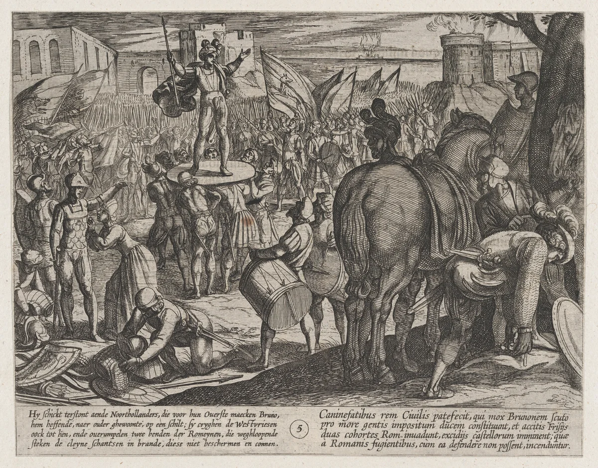 Plate 5: Bruno Appointed Leader of the Caninefates, from The War of the Romans Against the Batavians (Romanorvm et Batavorvm societas) by Antonio Tempesta, print, 1611-1612