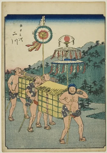 Futagawa, from the series "Fifty-three Stations [of the Tokaido] (Gojusan tsugi)," also known as the Figure Tokaido (Jinbutsu Tokaido) by Utagawa Hiroshige (歌川広重), print, 1852