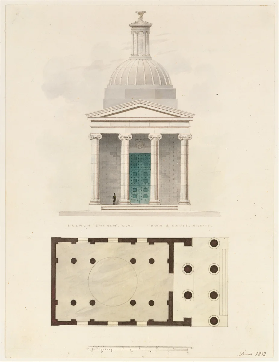 Church of the French Protestants (Eglise Français du Saint Esprit), New York (front elevation and plan) by Alexander Jackson Davis, drawing, 1832