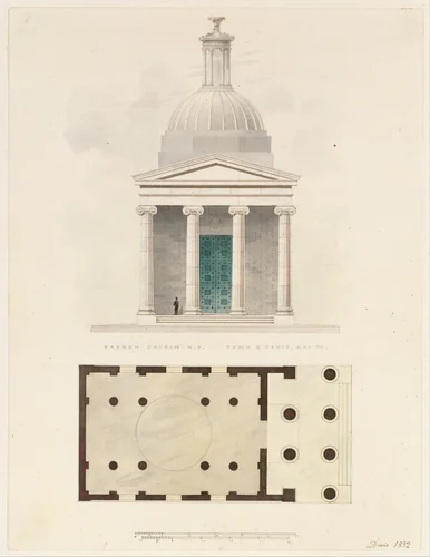 Church of the French Protestants (Eglise Français du Saint Esprit), New York (front elevation and plan) by Alexander Jackson Davis, drawing, 1832