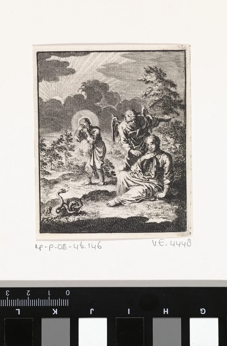 Duivel draagt de gepersonifieerde ziel op om Christus te verlaten by Jan Luyken, print, 1714