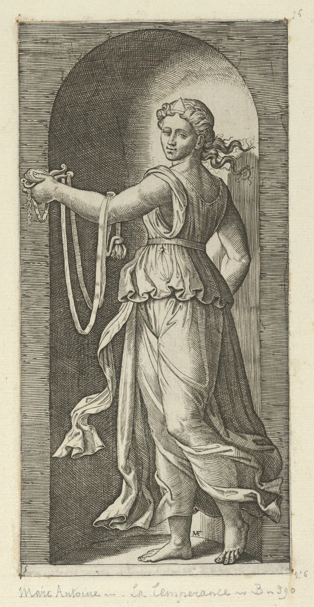 Temperance personfied by a woman standing in a niche holding a bit, from "The Virtues" by Marcantonio Raimondi, print, 1510-1520