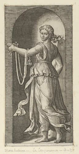 Temperance personfied by a woman standing in a niche holding a bit, from "The Virtues" by Marcantonio Raimondi, print, 1510-1520