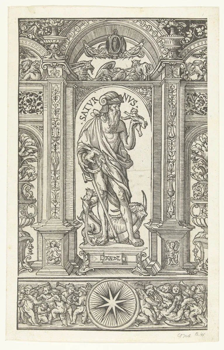 Saturnus met sterrenbeelden Waterman en Steenbok in architecturale omlijsting by Unknown, print, 1483-1581