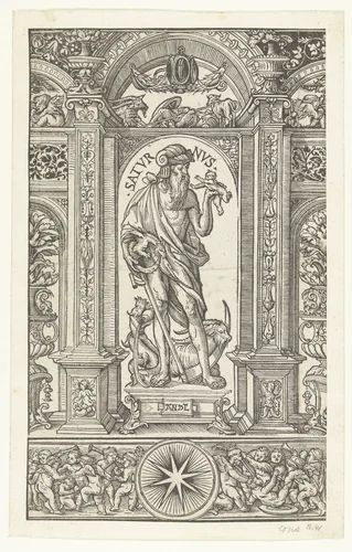 Saturnus met sterrenbeelden Waterman en Steenbok in architecturale omlijsting by Unknown, print, 1483-1581