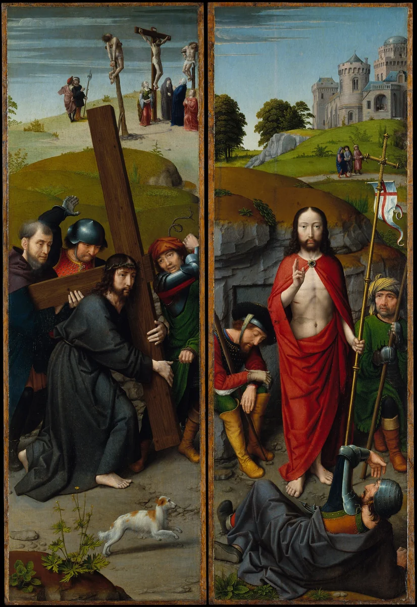 Christ Carrying the Cross, with the Crucifixion; The Resurrection, with the Pilgrims of Emmaus by Gerard David, painting, 1507-1513
