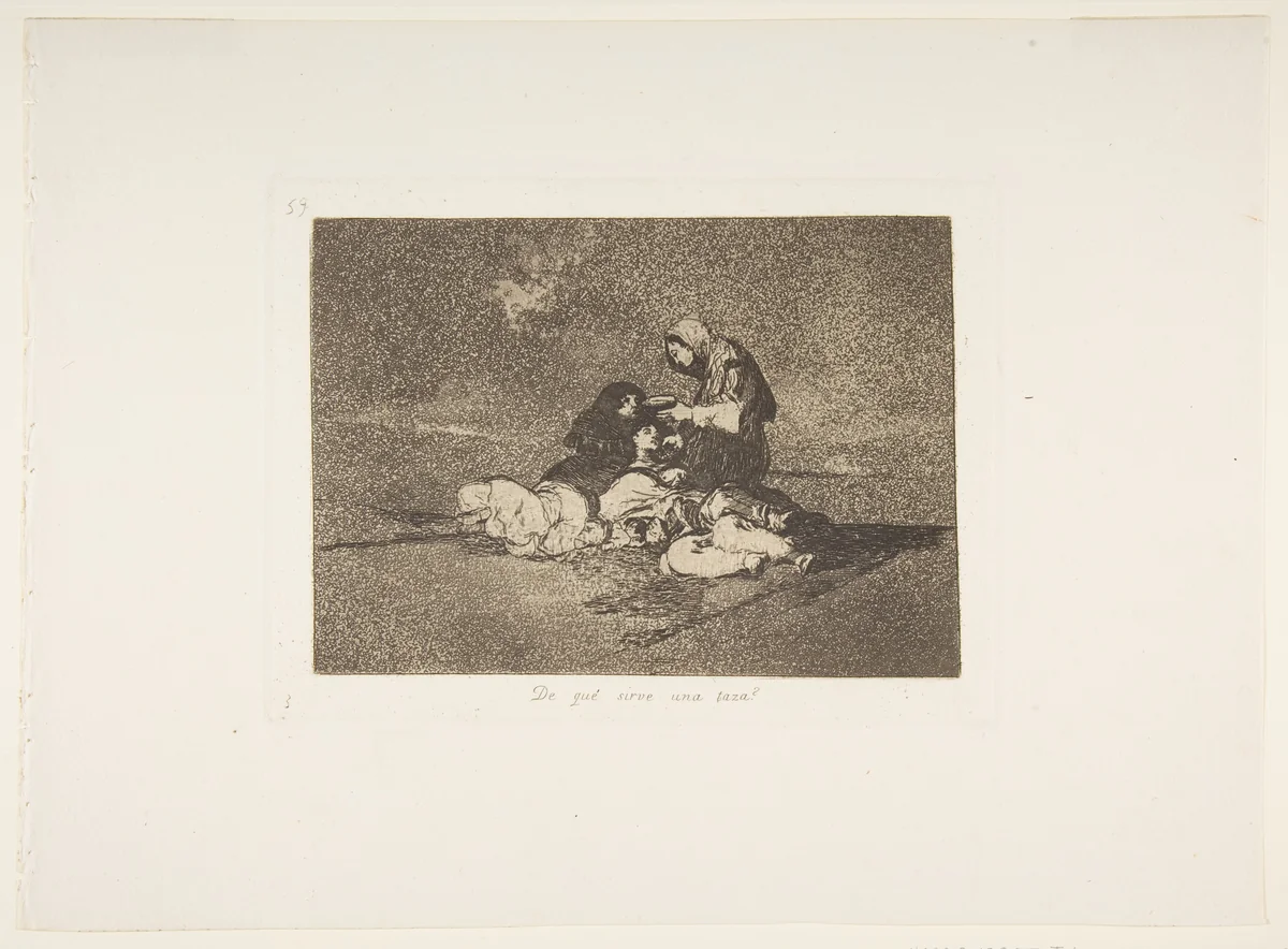 Plate 59 from "The Disasters of War" (Los Desastres de la Guerra): 'What is the use of a cup?' ( De qué sirve una taza?) by Goya, print, 1863