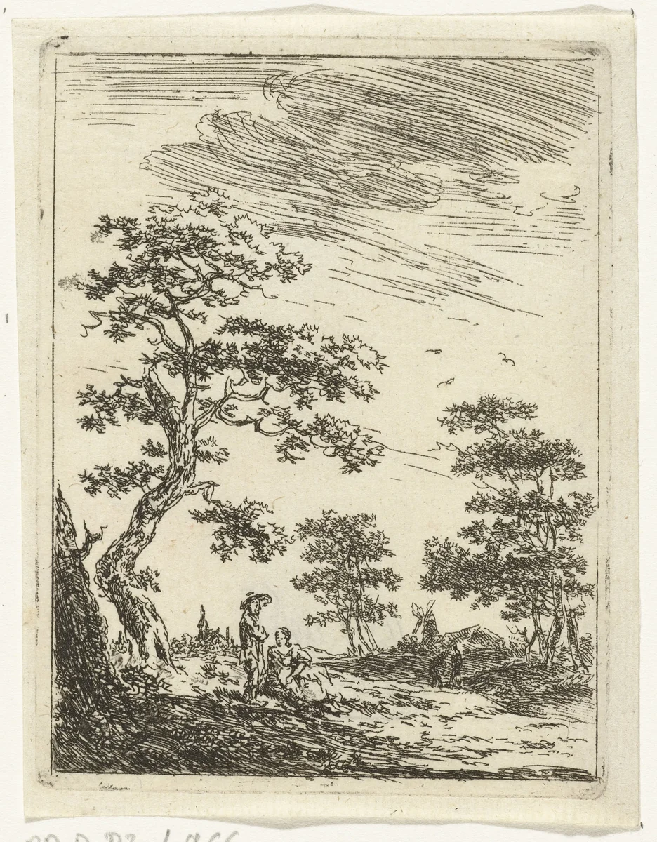 Paar onder boom in landschap by Hermanus van Brussel, print, 1800-1815
