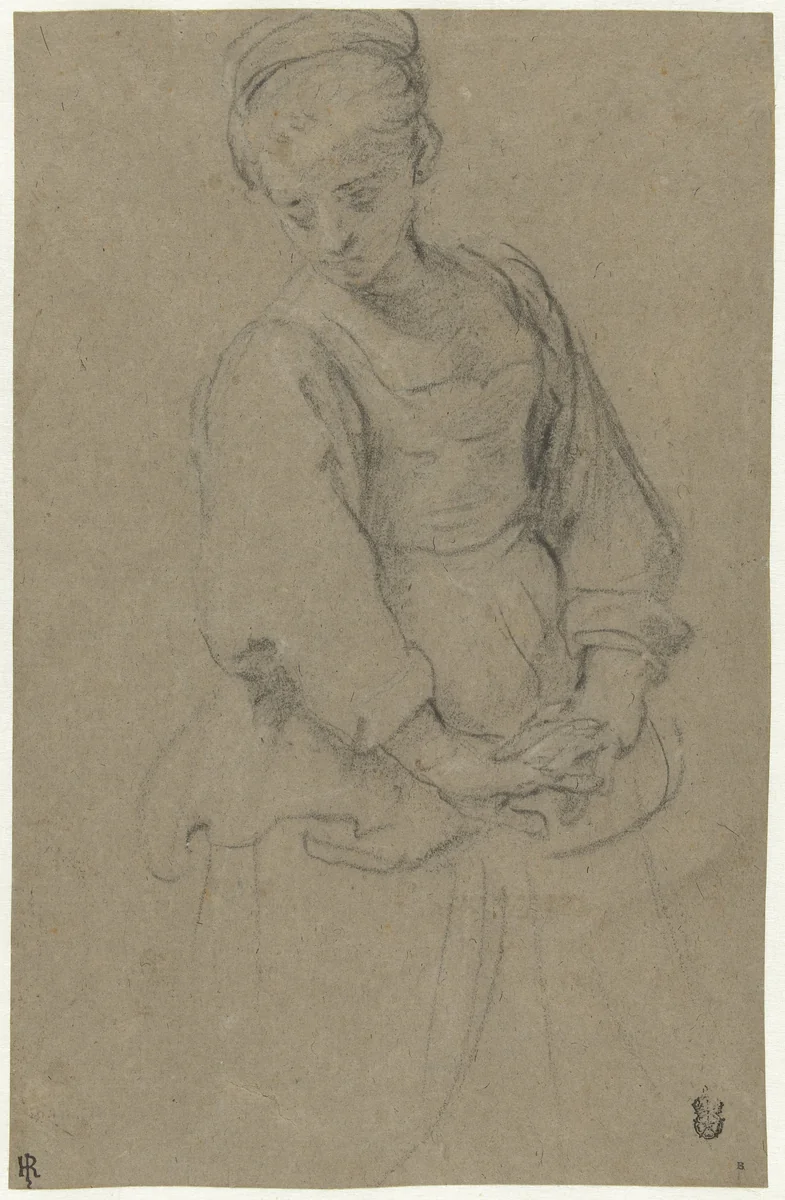 Staande jonge vrouw met ineengevouwen handen by Domenichino, drawing, 1591-1641
