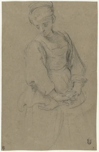 Staande jonge vrouw met ineengevouwen handen by Domenichino, drawing, 1591-1641