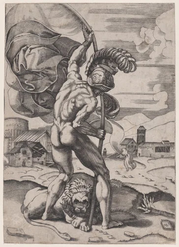 Man with a Flag by Agostino Veneziano, print, 1514-1536