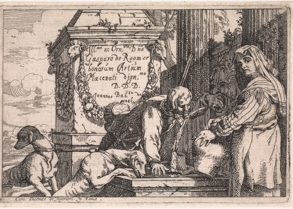 Jager drinkt uit fontein by Jan Baptist de Wael, print, 1642-1669