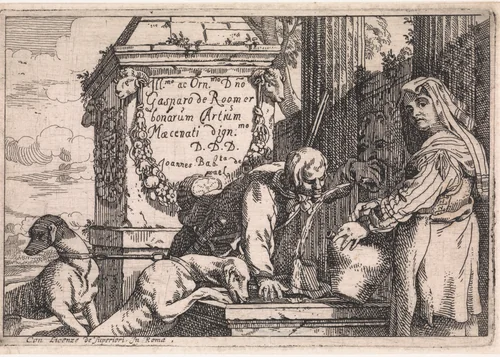 Jager drinkt uit fontein by Jan Baptist de Wael, print, 1642-1669