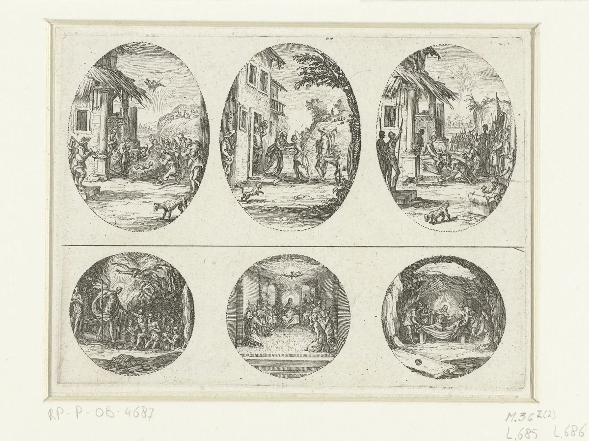 Drie scènes uit het leven van Maria en drie Passiescènes: Aanbidding door de herders, Visitatie, Aanbidding door de koningen, Afdaling in het voorgeborchte, Pinksteren, Graflegging by Jacques Callot, print, 1631