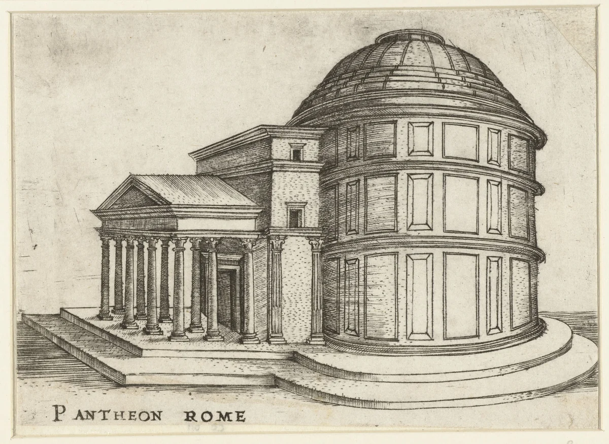 Exterieur van een klassieke tempel (Pantheon te Rome) by anonymous, print, 1500-1549