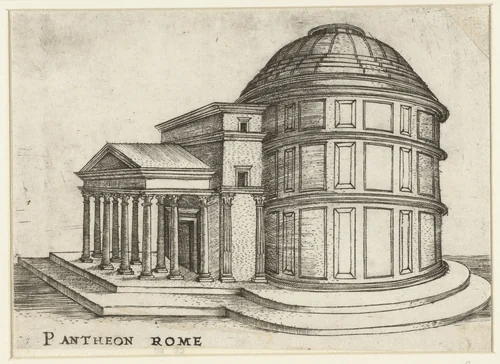 Exterieur van een klassieke tempel (Pantheon te Rome) by anonymous, print, 1500-1549