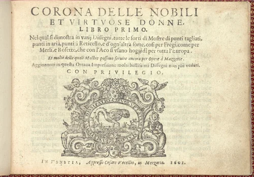 Corona delle Nobili et Virtuose Donne: Libro I-IV, Book I title page (recto) by Cesare Vecellio, book, 1601