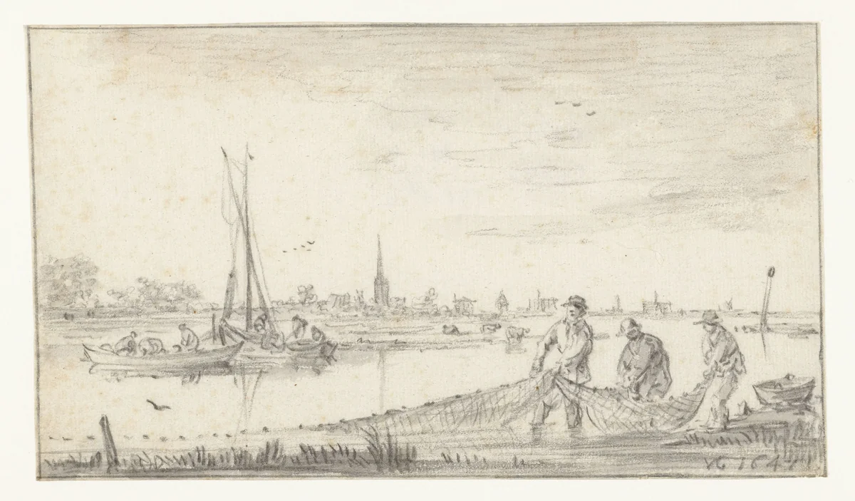 Riviergezicht met drie vissers en gezicht op Leiden by Jan van Goyen, drawing, 1647