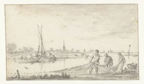 Riviergezicht met drie vissers en gezicht op Leiden by Jan van Goyen, drawing, 1647