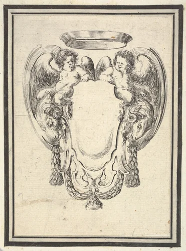 A cartouche flanked by two winged infant satyrs riding on the heads of two rams, plate 12 from "Nouvelles inventions de Cartouches" by Stefano della Bella, print, 1647