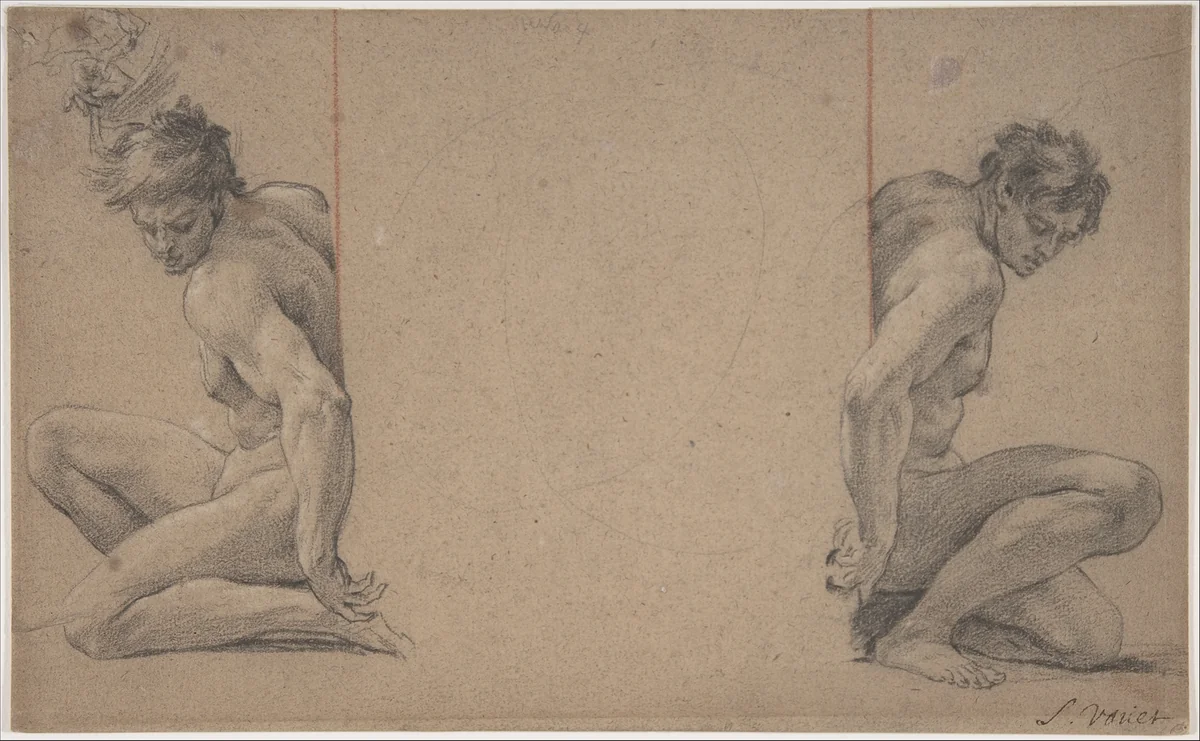 Two Crouching Nude Male Figures by Simon Vouet, drawing, 1635-1645