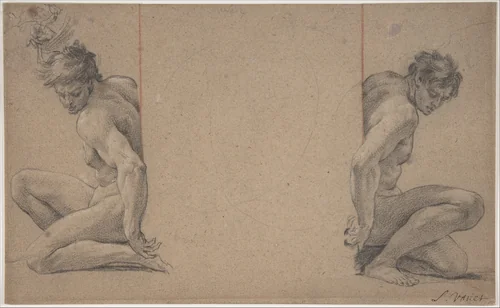 Two Crouching Nude Male Figures by Simon Vouet, drawing, 1635-1645