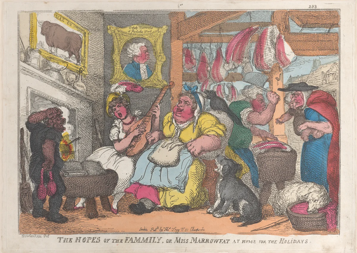 The Hopes of the Family, or Miss Marrowfat at Home for the Holidays by Thomas Rowlandson, print, 1809-1813