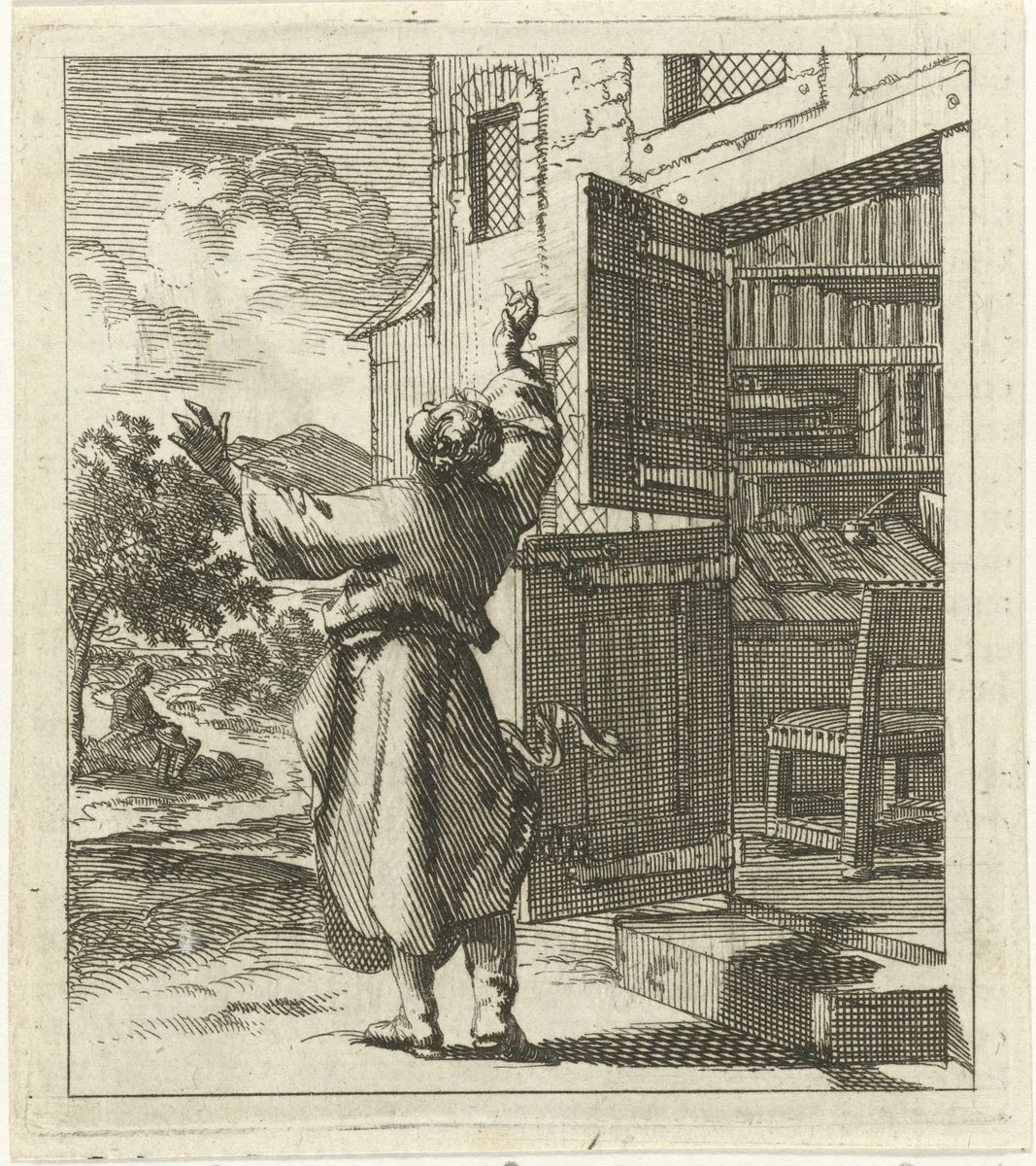 Man heeft zijn studeervertrek verlaten om buiten de hemel te aanschouwen by Jan Luyken, print, 1689