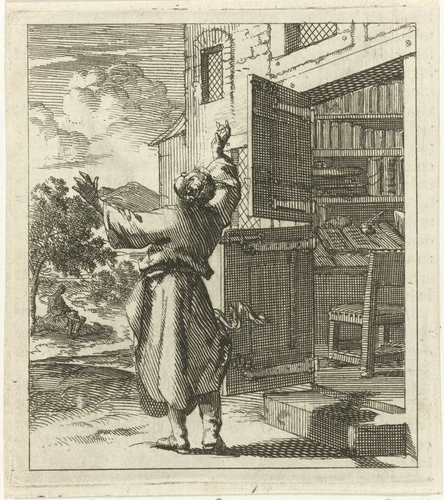 Man heeft zijn studeervertrek verlaten om buiten de hemel te aanschouwen by Jan Luyken, print, 1689