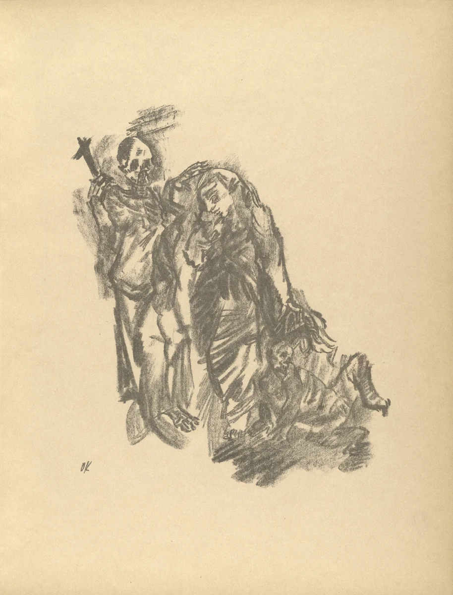 Woman with Child and Death (Frau mit Kind und Tod) (plate, folio 7) from Die Chinesische Mauer (The Great Wall of China) by Oskar Kokoschka, illustrated book, 1914
