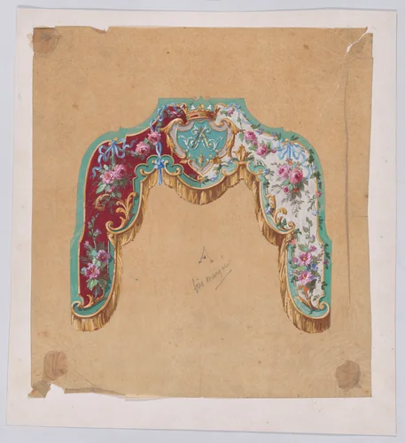 Design for a Valance with Bundles and Garlands of Flowers and a Monogram Presenting Two Design Variants by anonymous, drawing, 1870-1900