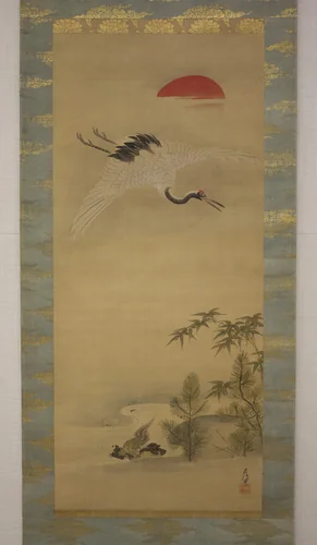 Crane, Tortoise, Pine, and Bamboo under a Rising Sun by Kano Chikanobu, painting, 1660-1728
