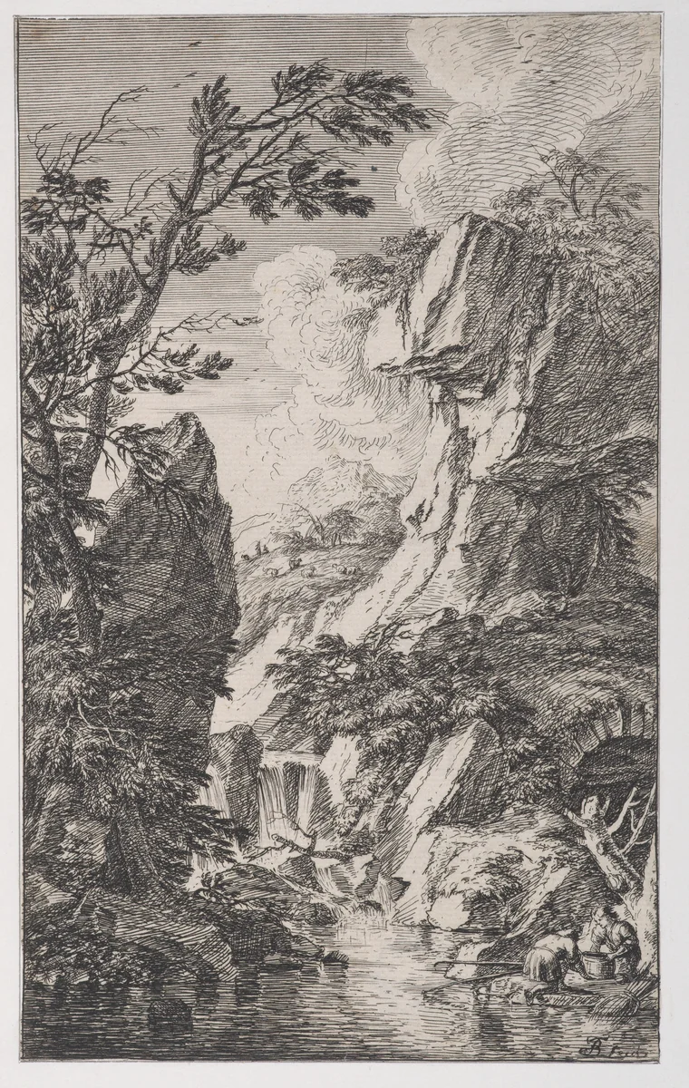 Plate 4: two fishermen on the bank of a stream at right, a waterfall at center, from 'Landscapes in the manner of Salvator Rosa' (Die Landschaften in Sal. Rosa's) by Franz Joachim Beich, print, 1695-1730