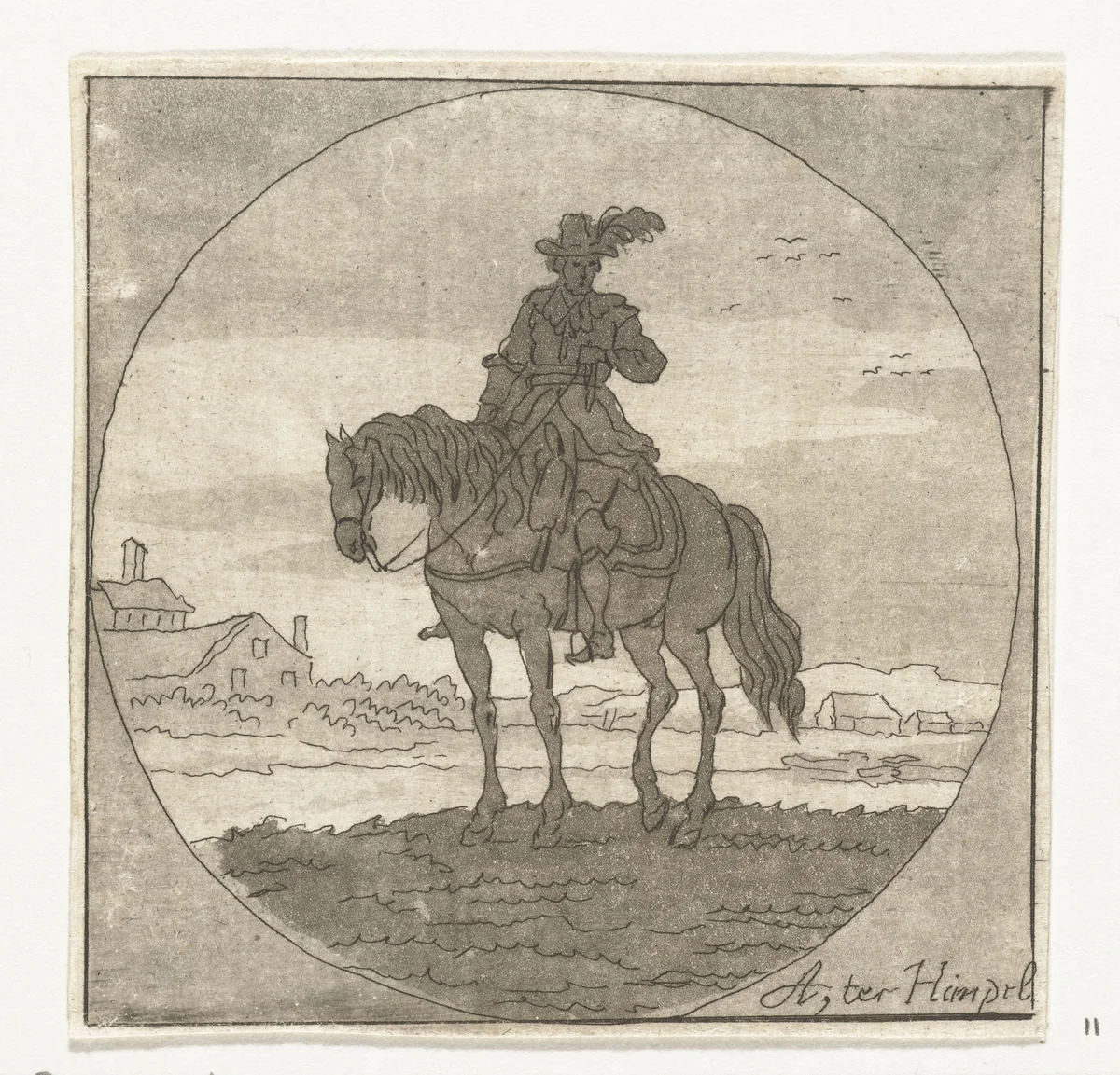 Ruiter op staand paard in medaillon by Anthonie van den Bos, print, 1778-1838