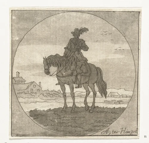 Ruiter op staand paard in medaillon by Anthonie van den Bos, print, 1778-1838