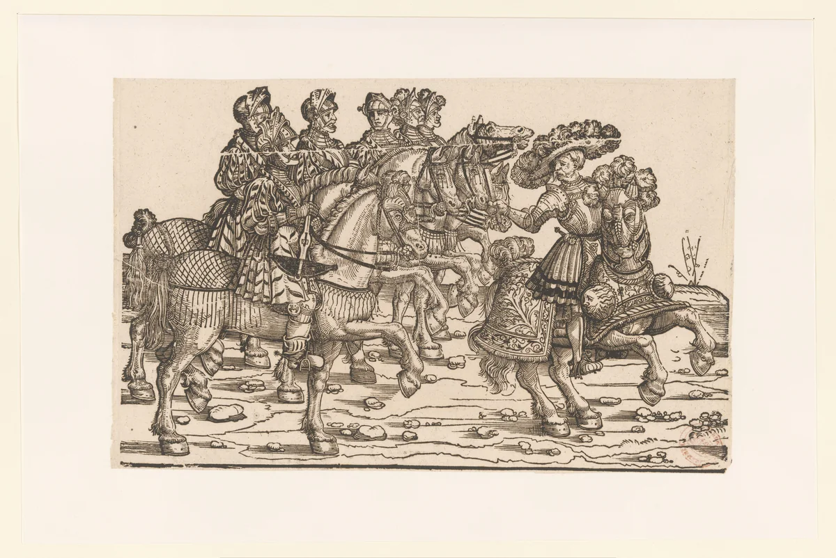 Aanvoerder en zes mannen met kruisbogen te paard by anonymous, print, 1530