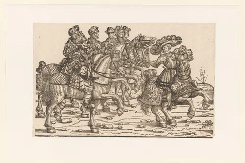 Aanvoerder en zes mannen met kruisbogen te paard by anonymous, print, 1530