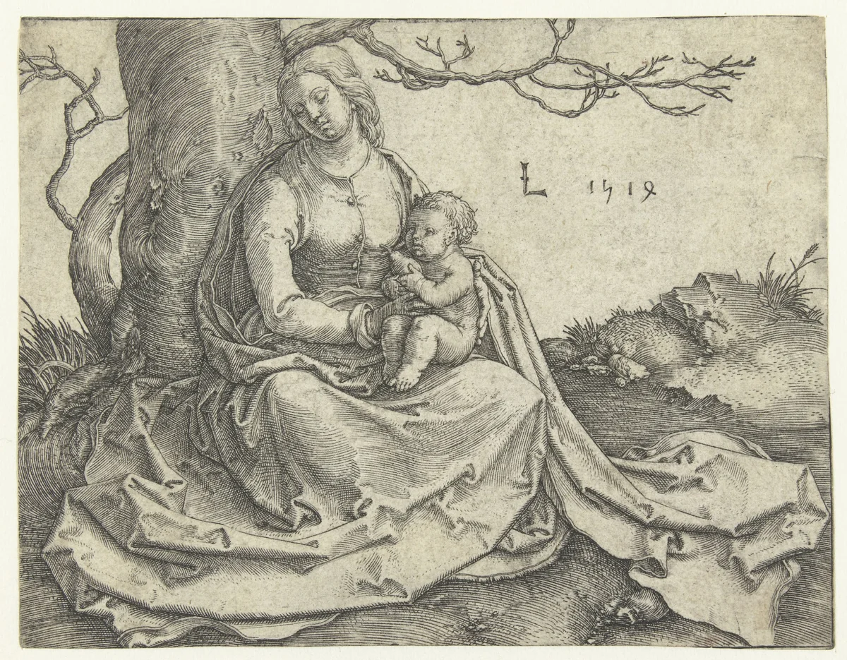Maria met kind zittend onder een boom by Unknown, print, 1514